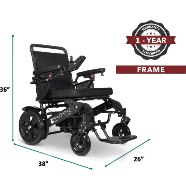 ComfyGo MAJESTIC 440 HD Plus Remote-Control Heavy-Duty Power Wheelchair with dimensions and warranty information on a white background
