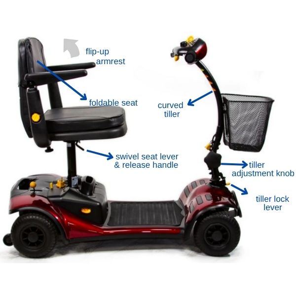 Shoprider Dasher 4 padded swivel seat with adjustable tiller and flip-up armrests.