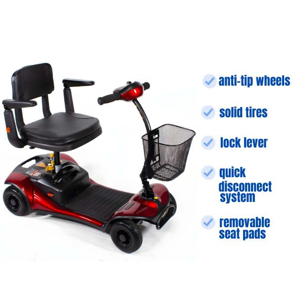 Shoprider Dasher 4 showing rear anti-tip wheels and safety lighting system.