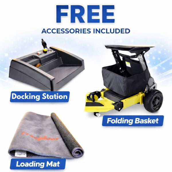 Free accessories included with a device, including home docking station, folding basket, and loading mat.