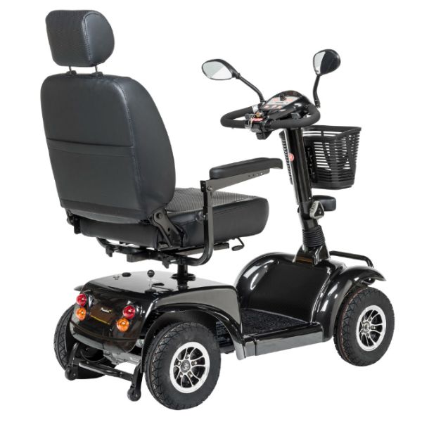 Drive Medical Prowler 4-Wheel Mobility Scooter with a basket on a white background