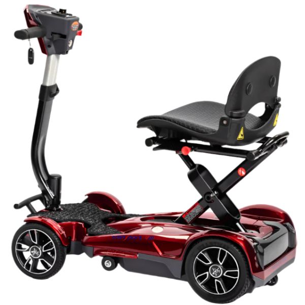 EV Rider Transport 4M Folding Mobility Scooter Red Color Upright Backside View