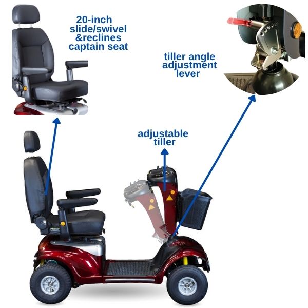 Shoprider Enduro XL4 captain’s seat with adjustable tiller and swivel function for all-day comfort.