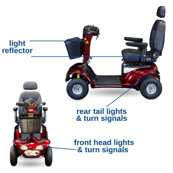 Shoprider Enduro XL4 4-wheel scooter with front headlight and LED tail lights for safe travel.