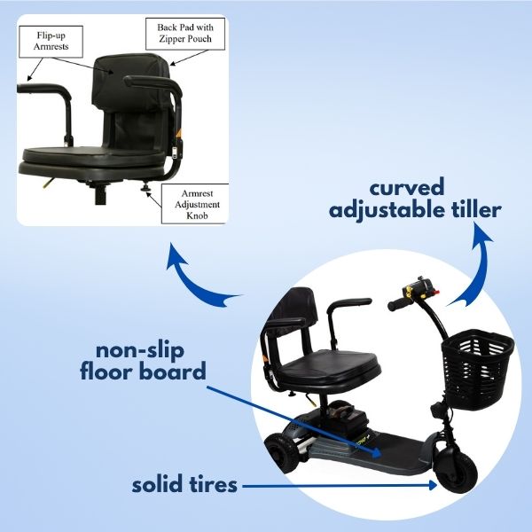 Shoprider Echo Plus scooter seat with adjustable tiller and flip-up armrests.