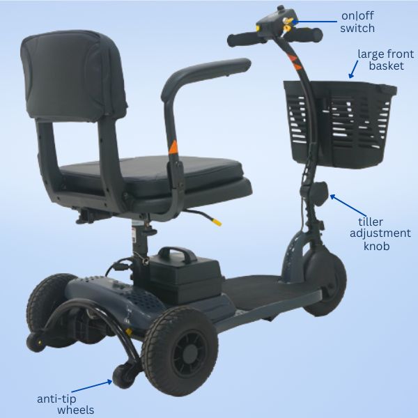 Shoprider Echo Plus mobility scooter rear anti-tip wheel and safety braking system.