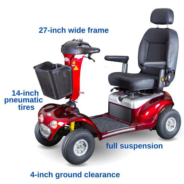 Shoprider Enduro XL4 mobility scooter with 14-inch pneumatic tires and full suspension for outdoor terrain.