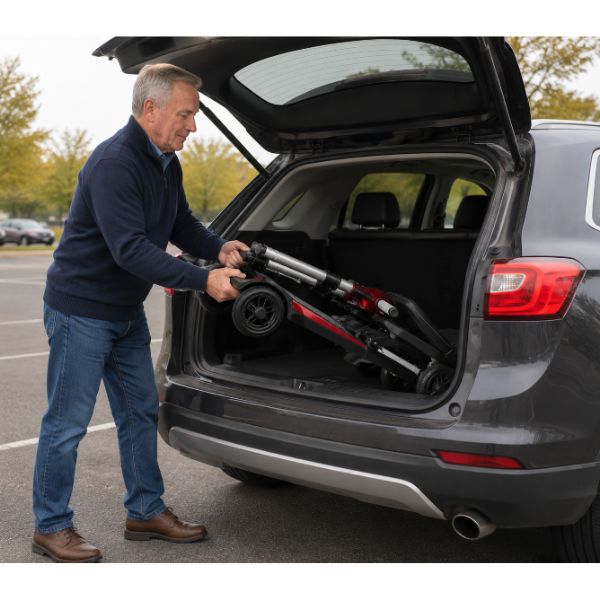 Man loading the MobiFree into the trunk of a car in a parking lot.