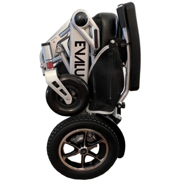 Evaluation Evolution Auto Folding Heavy Duty Power Wheelchair By Discover Your Mobility with Silver Frame Folded Side View