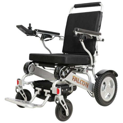 Falcon Heavy Duty Power Wheelchair With Reclining Backrest By Discover Your Mobility Shown in Silver Frame 