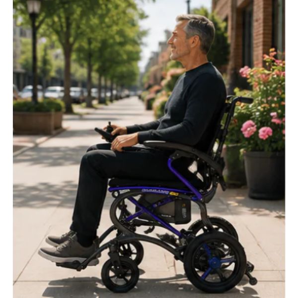 Man using the Forcemech Ultralite G20 on a sidewalk with trees and buildings in the background