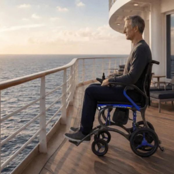 Man in a Forcemech Ultralite G20 on a cruise ship deck overlooking the ocean.