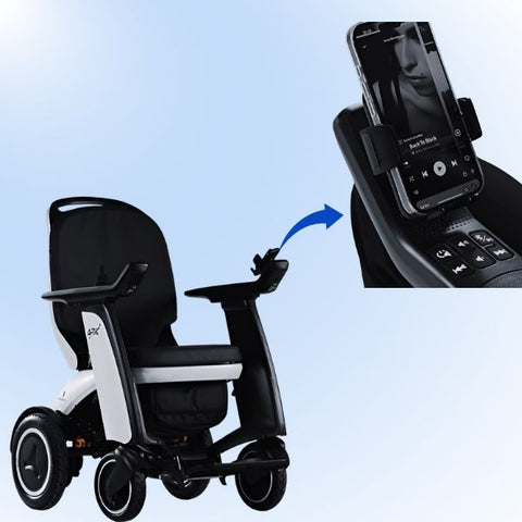 Forcemech ARK Folding Electric Wheelchair Phone Holder and Bluetooth Speaker Showing on the Left Armrest