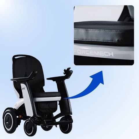 Forcemech ARK Folding Electric Wheelchair Showing its Cloud-Pedic Removable Leather Seat and Backrest Cushions