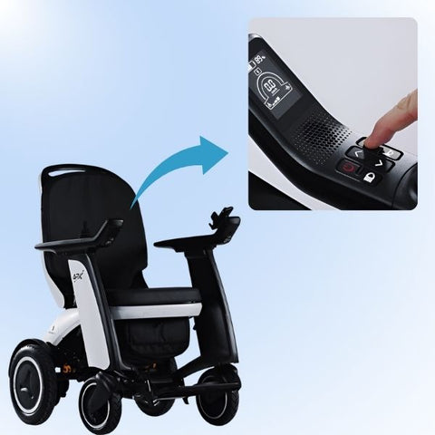 Forcemech ARK Folding Electric Wheelchair Showing the LED Dash Screen asnd Joystick  on the Right Armrest