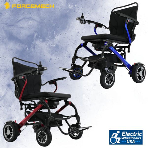 Forcemech Carbon F1 Folding Power Wheelchair Showing in Red and Blue Color 