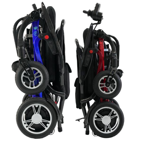 Forcemech Carbon F1 Folding Power Wheelchair in Blue and Red Color Folded Side View