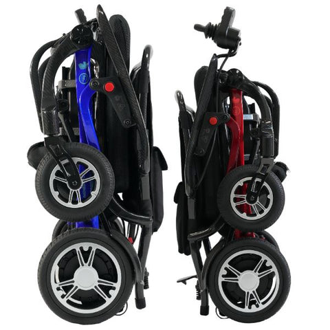 Forcemech Carbon F1 Folding Power Wheelchair in Blue and Red Color Folded Side View