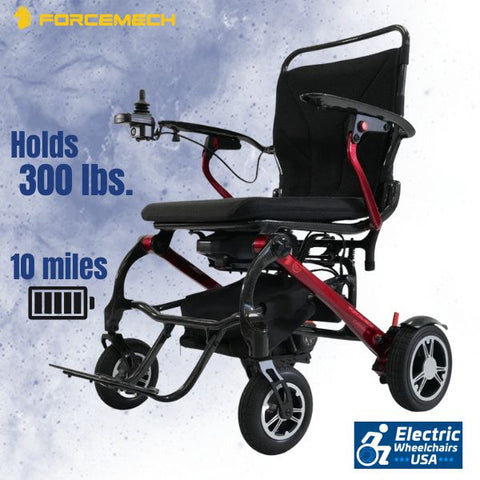 Forcemech Carbon F1 Folding Power Wheelchair in Red Color Showing its Weight Capacity and Battery Range