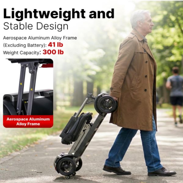 Man pushing a Forcemech PathMate mobility scooter with text highlighting its lightweight and stable design, weight capacity, and frame material.