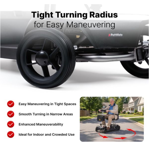 Forcemech PathMate mobility scooter  with text highlighting tight turning radius for easy maneuvering on a white background.