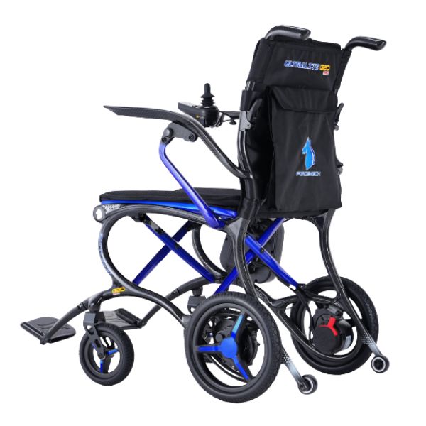 Forcemech Ultralite G20 PRO Carbon Fiber Folding Electric Wheelchair in Blue Left Rear View