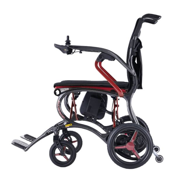 Forcemech Ultralite G20 PRO Carbon Fiber Folding Electric Wheelchair in Red Left Side View