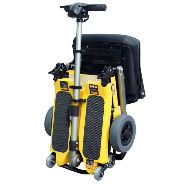 FreeRider Luggie Elite Travel Scooter Yellow Color Folded Luggage Angled View
