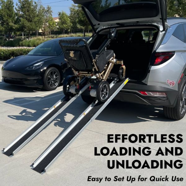 GO-Ramp Portable 7 FT Telescopic Ramp By GomfyGo shown being used by A Power Chair to Load it at the Back of a Car