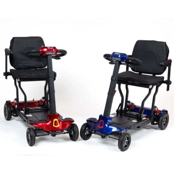 Two Genie Lightweight Folding Mobility Scooter shown side by side on a white studio background, one in red and one in blue, both with black seats and black frames.