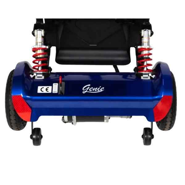 A close-up rear view of the Genie Lightweight Folding Mobility Scooter with red coil springs, black wheels, and a black seat, featuring the brand name 'Genie' on the side.