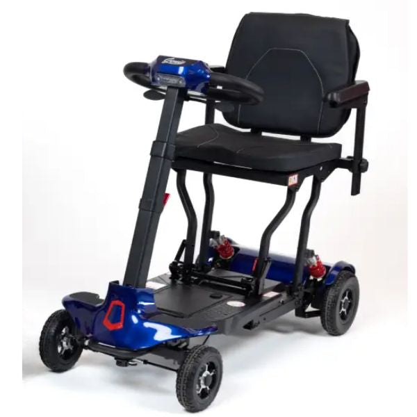Genie Lightweight Folding Mobility Scooter in Blue shown on a white studio background.