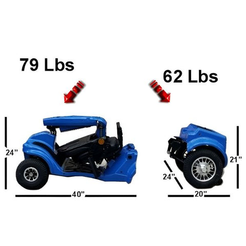 Gladiator 4-Wheel Bariatric Mobility Scooter Caribbean  Blue Main Frame Disassembled in 2 Pieces with Dimensions and Weight Shown View