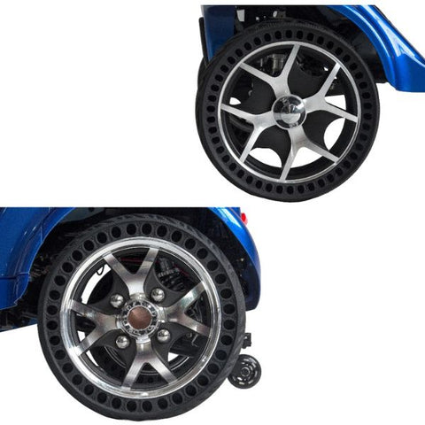 Gladiator 4-Wheel Bariatric Mobility Scooter in Caribbean  Blue Color Rear and Front Tires Side View
