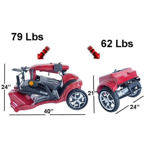 Gladiator 4-Wheel Bariatric Mobility Scooter in Inferno Red Color Disassembled with Dimensions and Weights View