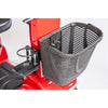 Image of Gladiator 4-Wheel Bariatric Mobility Scooter in Inferno Red Color Showing the Cup Holder at the Side and the Front Basket 