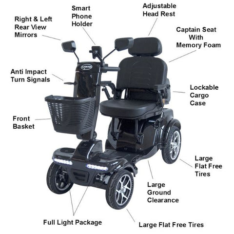 Gladiator 4-Wheel Bariatric Mobility Scooter in Jet Black Color Showing the Parts of the Scooter