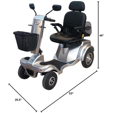 Gladiator 4-Wheel Bariatric Mobility Scooter in Silverado Silver Color Showing Dimensions of the Scooter