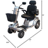 Image of Gladiator 4-Wheel Bariatric Mobility Scooter in Silverado Silver Color Showing Dimensions of the Scooter