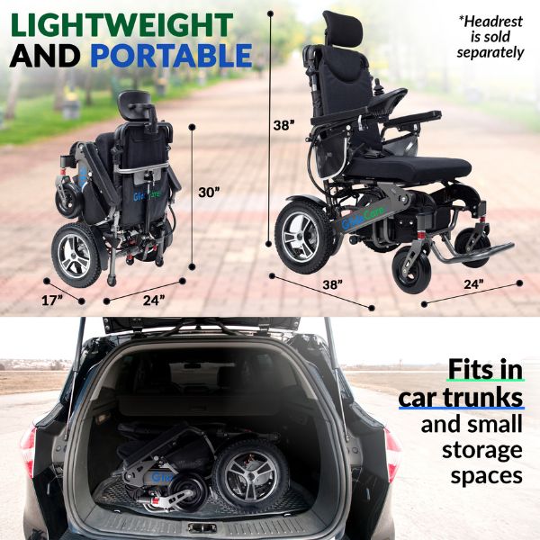 Glide Care G-6R Reclining Backrest Electric Wheelchair Folded and Dimensions