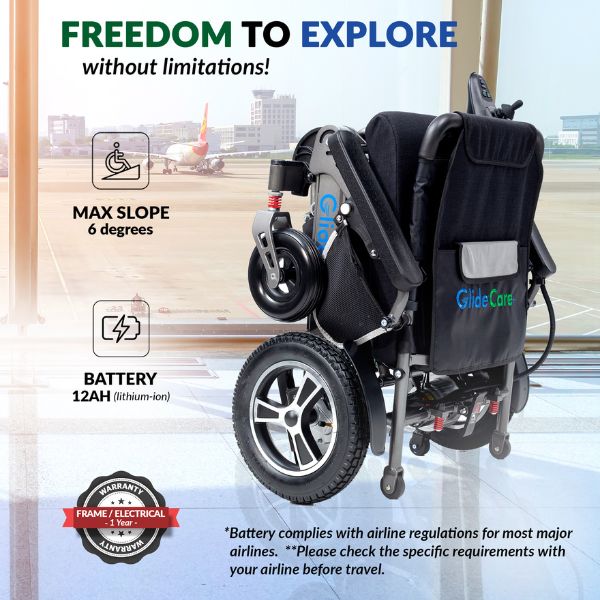 Glide Care G-6R Reclining Backrest Electric Wheelchair Folded and Specs