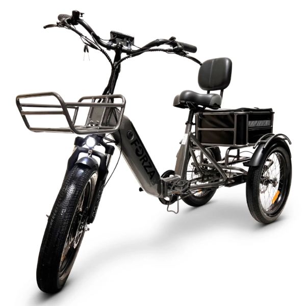 Go Bike FORZA Compact Foldable Electric Trike Gray in Front Left View