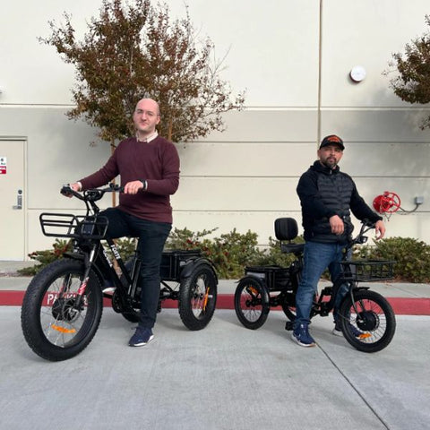 Go Bike TRIO Crossover Lightweight Foldable Electric Tricycle with Two People Riding on it