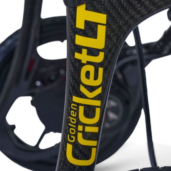 Golden Cricket LT Carbon Folding Power Wheelchair Showing the Branding