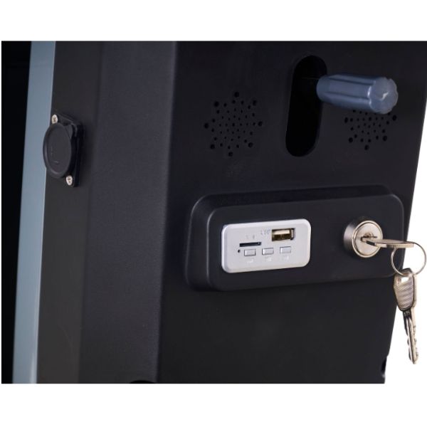 Black electronic device with USB and SD card slots, key lock, and gray handle.