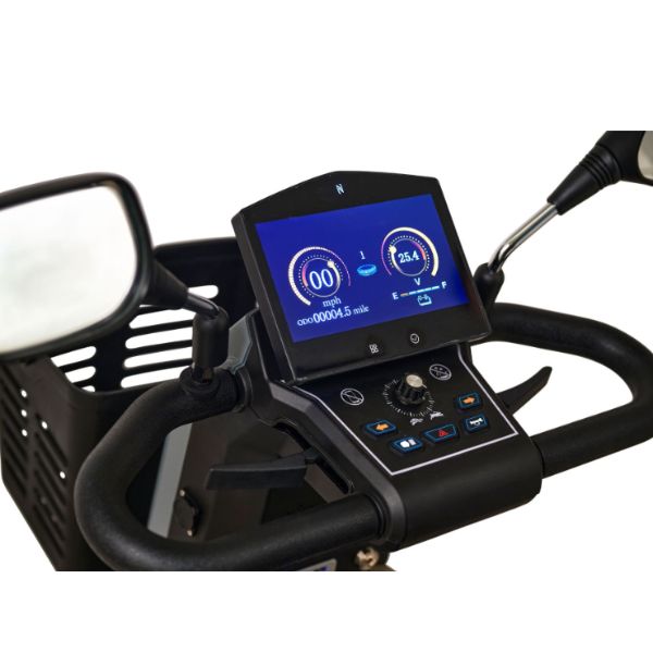 Close-up of Golden Technologies Eagle All-Terrain 4-Wheel Mobility Scooter handlebar with a digital display and control panel.