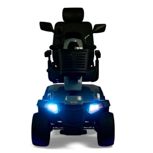 Golden Technologies Eagle All-Terrain 4-Wheel Mobility Scooter  with blue headlights on a white background