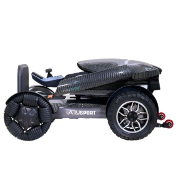 Golden Ally Sport Folding Electric Wheelchair GP305 in Black Carbon Fiber Pattern Left Side Folded  View
