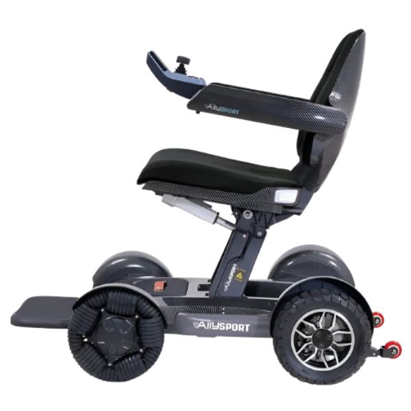 Golden Ally Sport Folding Electric Wheelchair GP305 in Black Carbon Fiber Pattern Left Side View