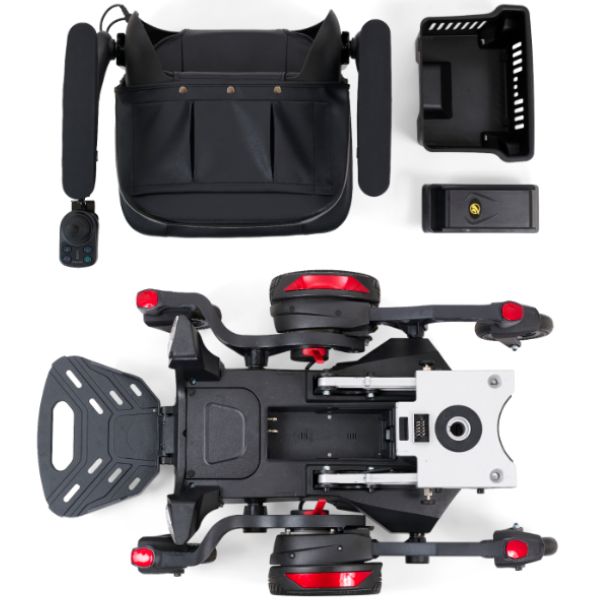 Golden Buzzarround CarryOn  Portable Electric Wheelchair GP130 Velevt Red Shroud Disassembled View